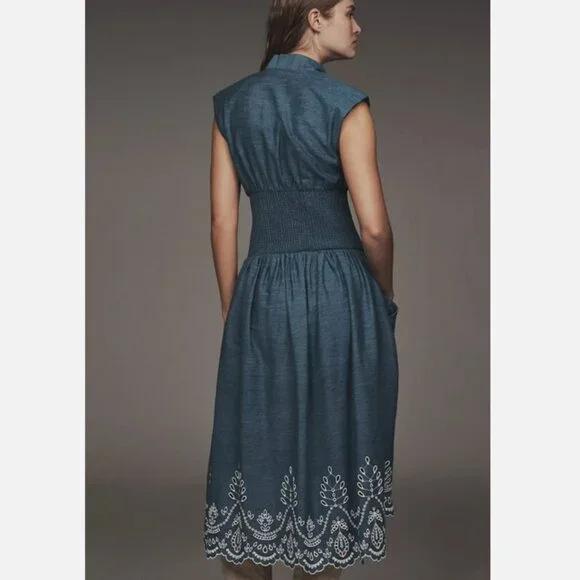 Anthropologie The Tommie Denim Chambray Zip Front Eyelet Trim Dress Blue S NWT